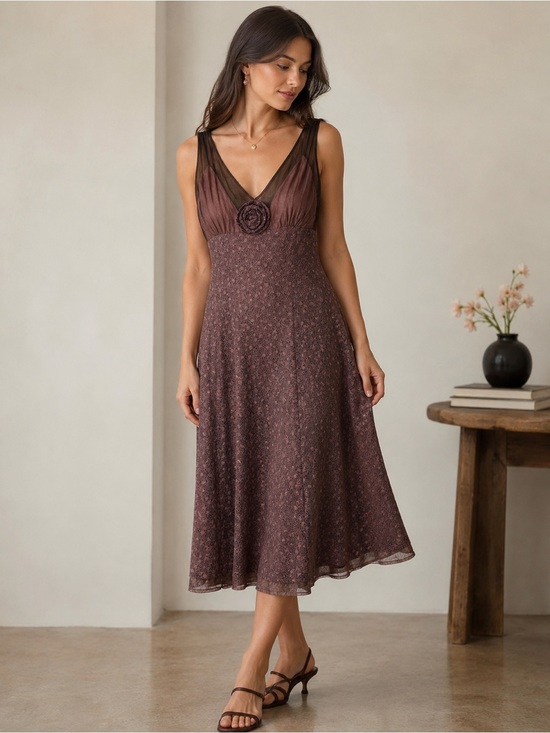 Annah S Dresses & Skirts - Vintage Annah S Lace Silk Cotton Midi Dress Mauve Mushroom Rosette S